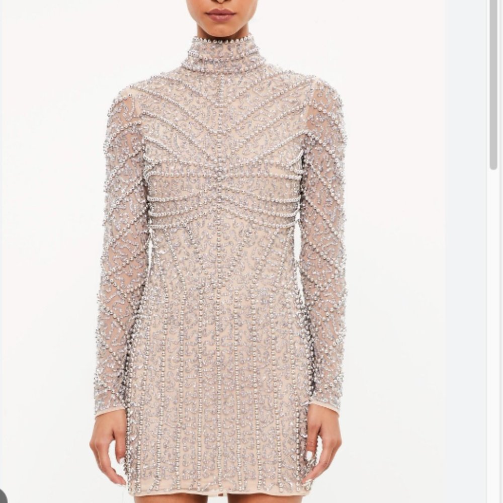 Peace + Love Silver High Neck Long Sleeve Beaded Mini Dress